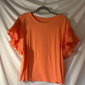 LOFT Bright Orange Lace Ruffle Sleeve Tee